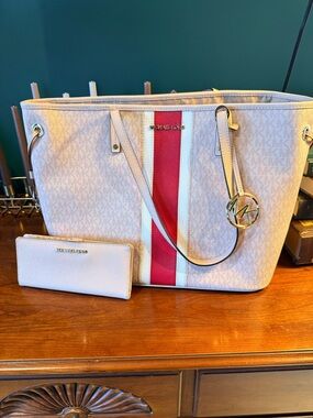 Michael Kors Pink and Red Stripe Logo Tote with Matching Wallet